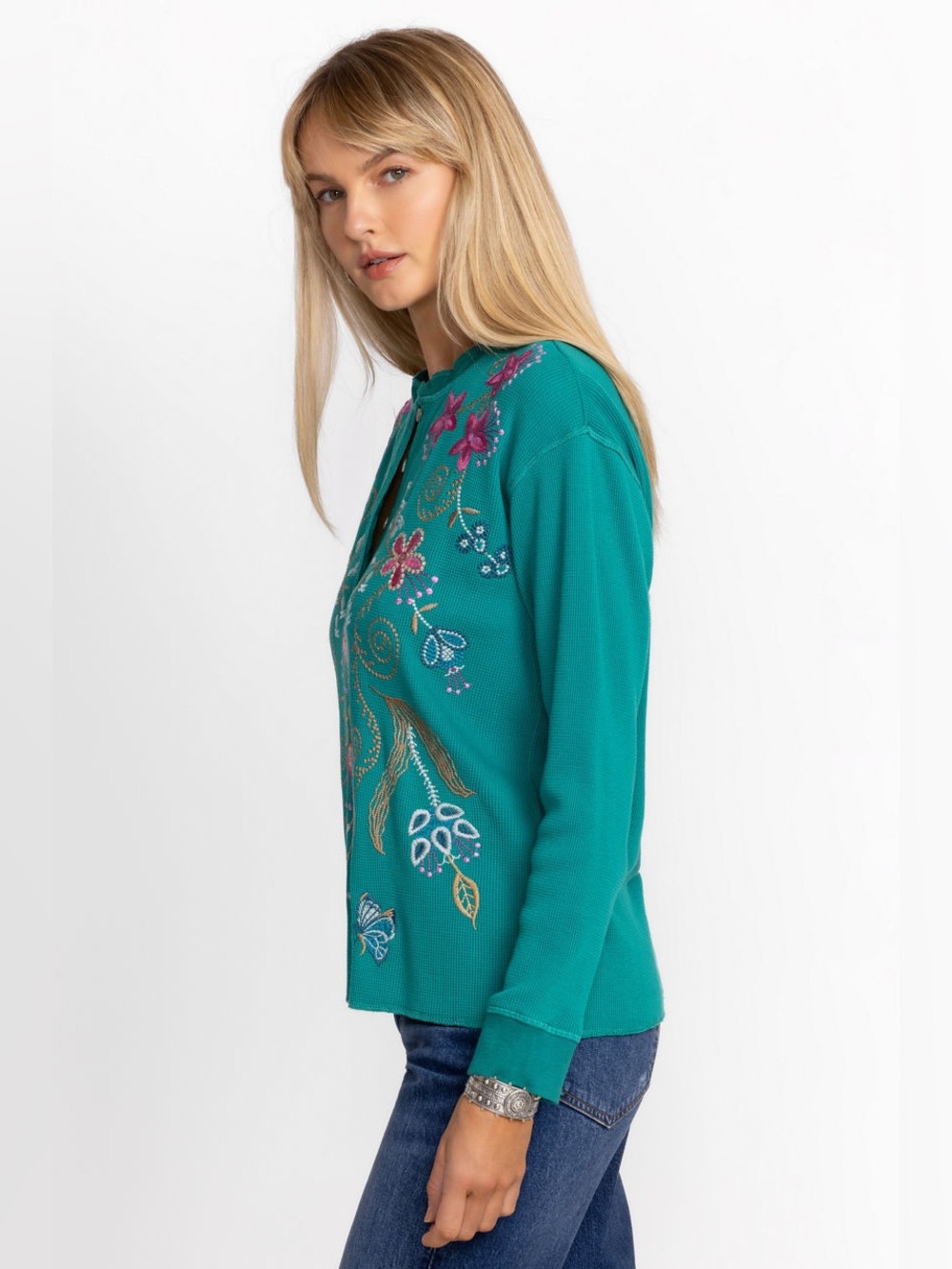 Johnny Was Sisa Embroidered Waffle Knit Thermal Henley in Quetzal Green Size M - Picture 2 of 11